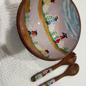 Hand-Painted Wooden Bowl and Spoon Set